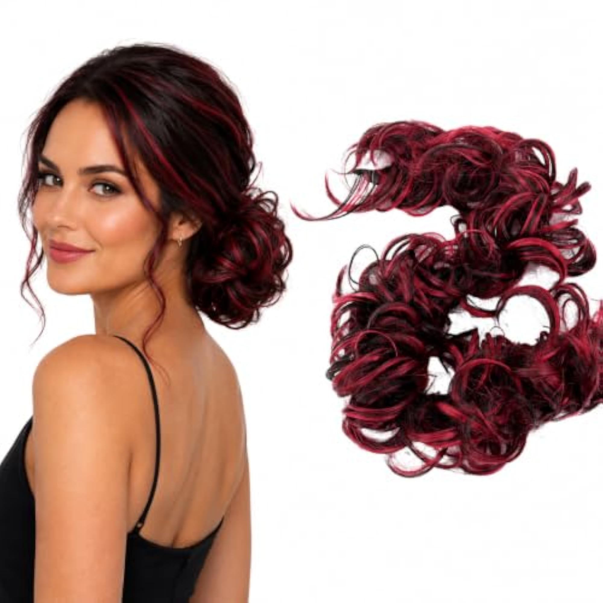 Red Dark Brown Mix Messy Bun Hair Scrunchie, Voluminous Updo