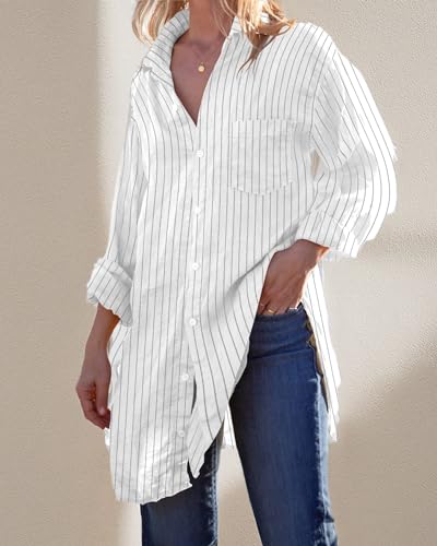 Image of Runcati Womens Button Down Shirts Linen Cotton Long Sleeve Blouse Tunic Tops Cover Up Shirt Loose Beach Bikini Dress