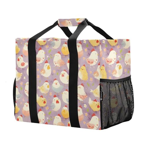 linqin Cute Chickens Flower Pink Utility Tote Bag for Women with Handles Foldable Grocery Bags Reusable Water Resistant for Laundry2