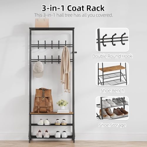 IDEALHOUSE Coat Rack Shoe Bench with 8 Hooks, Hall Trees Entryway Bench with Storage, Multifunctional Hallway Organizer, Wood Look Accent Furniture with Metal Frame for Entryway, Living Room, Bedroom