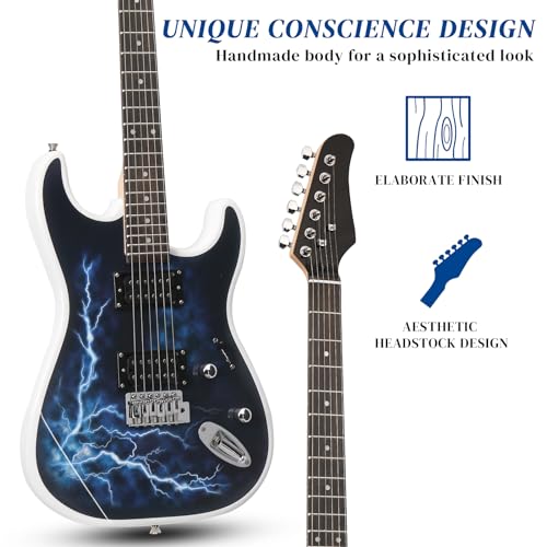 Image of Ktaxon 39 Inch Solid Body Electric Guitar with H-H Pickup, White Lightning | 6 Strings Guitarra Electrica with Gig Bag, Strap, Whammy Bar, Maple Neck for Beginners & Musicians, Rock Metal, Right Hand