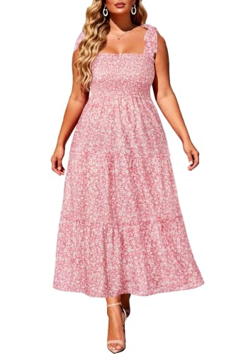 Image of Plus Size Summer Dress - Sun Boho Beach Casual Floral Tiered Smocked Long Maxi Dresses