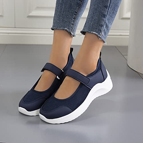 Women's Casual Walking Sneakers Lightweight Breathable Flat Mary Jane Shoes Summer Closed Toe Mesh Non-Slip Adjustable Walking Sandals,Blue,US7/EU384