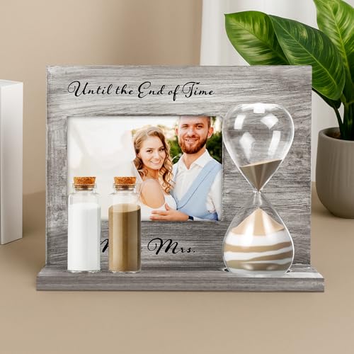 Blosssound Wedding Sand Ceremony Set Wooden Photo Frame, Hourglass Funnel, Sand, Glass Bottles, Mr and Mrs Until The End of Time Unity Kit for Weddings Ceremony Party Supplies (Light)
