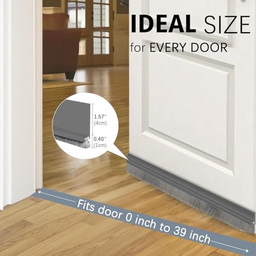 Image of Door Draft Stopper with Brush, Under Door Sweep for Exterior & Interior Doors, Weather Stripping Door Seal, Garage Window Blocker Noise Cold Air Insulation, Draft Guard (Grey (39 INCH))