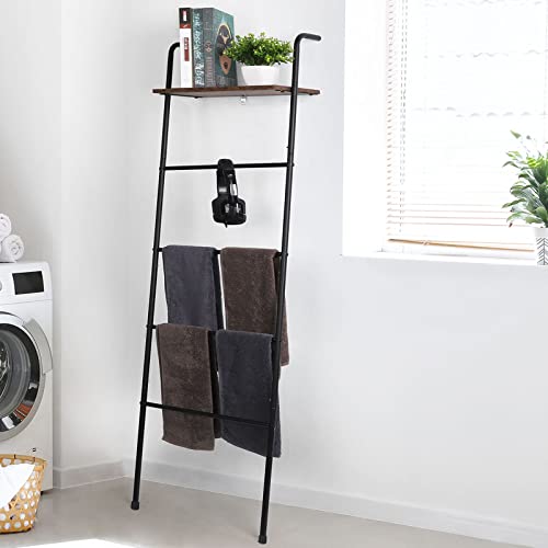 Caduke Blanket Ladder Towel Ladder For Bathroom Blanket Ladder With Shelf Ladder Blanket Holder For Living Room Farmhouse 5-Tier Wall-Leaning Ladder Shelf Metal Quilt Rack, Black And Brown #TOP27