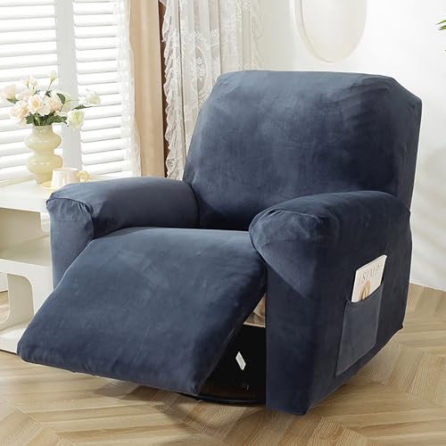 Elástica Funda De Sillón Relax, Funda Reclinable 4 Piezas con Bolsillos Laterales, Protector de Sillón Reclinable,Navy Blue,3 Seater