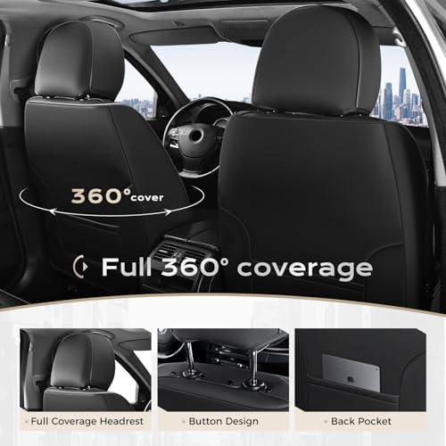 Image of Coverado Leather Seat Cover Full Set, Waterproof Car Seat Covers with Lumbar Support, Front and Rear Seat Covers for Car, Universal Car Seat Protectors Car Seat Cushion Fit for Most Cars (Black&Pink)