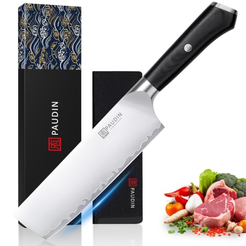 PAUDIN Nakiri Knife 7 Inch,9-Layer High Carbon Steel Kitchen Knife 62 HRC, Ultra Sharp Vegetable Chopping Cleaver and Meat Slicing Asian Chef Knife for Home Cooks, Gift Box for Women and Men