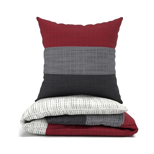 LARAWELL Bettwäsche 135x200 Baumwolle Ganzjahres Bettwäsche-Sets rot grau gestreift Premium