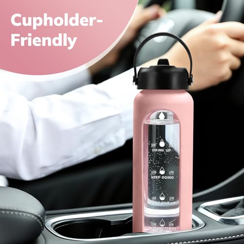 Image of Aqulea 32 oz Glass Water Bottle with 2 Lids - Spout & Straw Lids, 1L Motivational Borosilicate Glass Water Bottle with Time Marker & Silicone Sleeve, Leakproof (Pink)