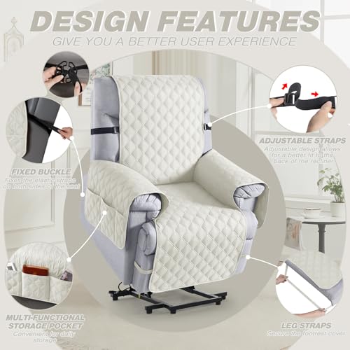 Image of TAOCOCO 100% Waterproof Recliner Covers, Recliner Sofa Covers with Leg Straps, Reversible Recliner Couch Cover for Reclining Chair, Washable Couch Protector for Pets Kids(1 Seater 28 inch, Off White)