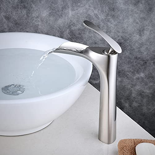 Bathroom Vessel Sink Faucet Tall Brushed Nickel Waterfall Single Handle Bath Lavatory One Hole Basin Mixer Tap Commercial Farmhouse Lead-Free Faucets #TOP2