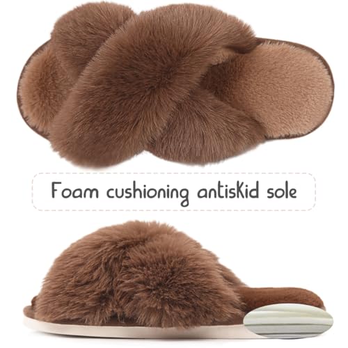 Women's Fuzzy Fluffy House Slippers with Cute Plush Memory Foam Insoles, featuring a Cross Band Design, suitable for Indoor and Outdoor Wear3