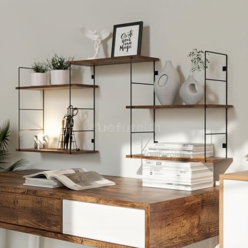 Image of Floating Shelves for Living Room Bedroom Bathroom Kitchen White Rustic Wood Wall Mounted Shelves with Metal Brackets, Storage Shelves for Wall Decor Set of 4-Brown