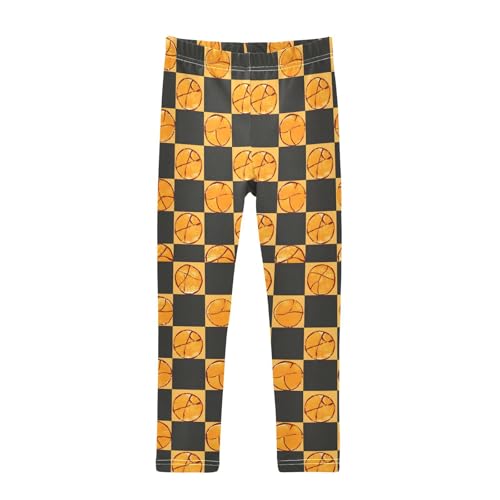 Orange Basketball Checkered Print Girls Leggings Soft Stretch Workout Yoga Dance Pants for Kids Casual Tights