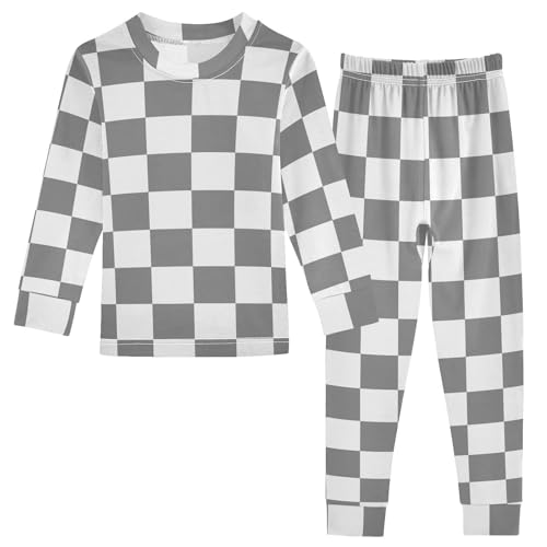 SPRIPORT Grey Checkerboard Plaid Soft Comfy Pajama Set Cotton Sleepwear Long Sleeve Top and Pants 2 Piece Pjs Set 6Y