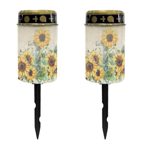 Image of Sunflower and Cross Light for Prayer Cemetery Solar Lights for Grave Cemetery Decor Candle Lamp Waterproof Solar Power Light Eternal Lights for Graves Cemetery Memorial Gift 2 Pcs