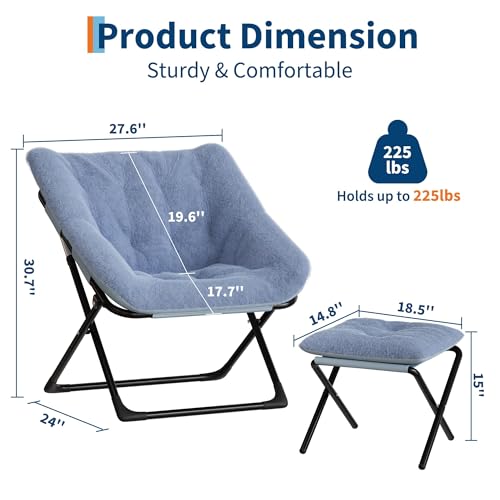 Comfy Saucer Chair, Foldable Living Room Chairs, Faur Fur Soft Lounge for Bedroom, Dorm, Metal Frame Reading Chairs for Adults, Kids, Blue
