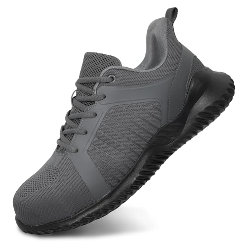 LUPWEE Steel Toe Shoes for Men Slip Resistant Safety Work Shoes Puncture Proof Comfortable Indestructible Sneakers Industry Construction Warehouse Pure Grey 44