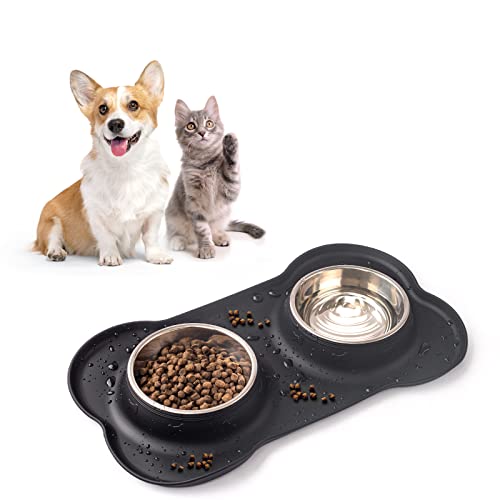 LENAUQ Hundenäpfe, Edelstahl 400 ml Futternäpfe Set mit auslaufsicherem, rutschfestem Silikonmatten, Tablett, Welpenwasser und Futternäpfe für kleine, mittelgroße und große Hunde, Welpen (M, schwarz) Cover