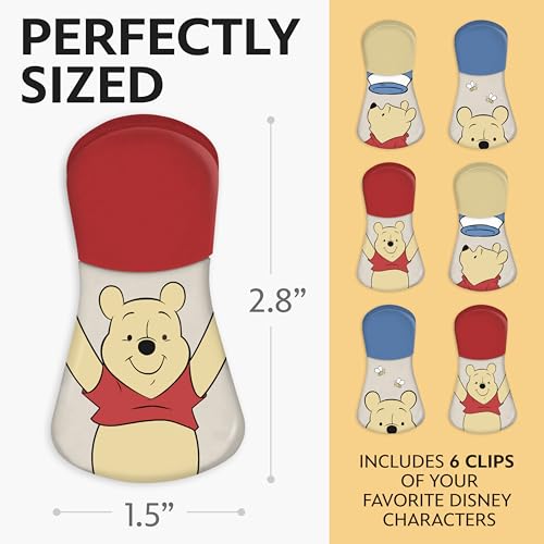 Image of Disney Winnie the Pooh Magnetic Chip Clips, Set of 6 | Airtight food storage bag clips for snack, cereal, and coffee bags, great for pantry and fridge, magnet displays kids artwork
