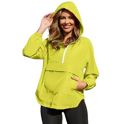 PESION Womens Packable Waterproof Raincoat Lightweight Rain Jacket, Running Cycling Hiking Windbreaker Pullover Jackets Fluorescent Yellow 3X-Large