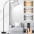 Arc Floor Lamps for Living Room, Modern Remote Control Standing Lamp with Stepless Dimmable, Black Tall Lamp with Gary Drum Shade, Over Couch Arched Reading Light for Bedroom, Office(Bulb Included)