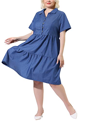 Image of Agnes Orinda Plus Size Chambray Dress for Women Short Sleeve Button Down Flowy Tiered Shirt Dresses 1X Light Blue