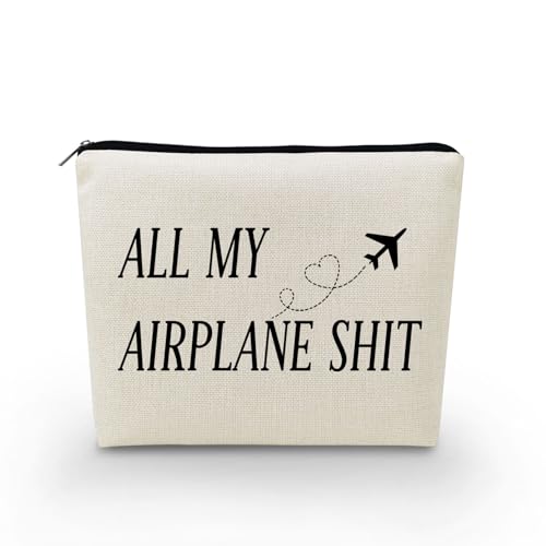 YULUENZE Airplane Canvas Makeup Bag All My Airplane Things Organizer Toiletry Pouch with Zipper Airline Accessories Cosmetic Bag Travel Present for Airline Stewardess Air Hostess Women Friends