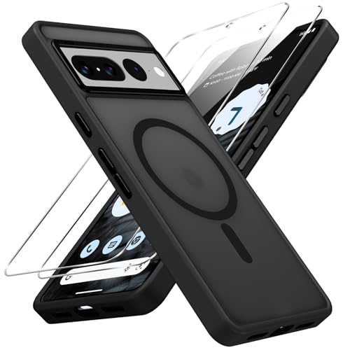 Pnakqil Funda Magnética para Google Pixel 7 Pro 5G con 2 Piezas Cristal Templado, Compatible con magSafe Carcasa Translúcida Mate Trasera Fina Antigolpes para Google Pixel 7 Pro 5G 6,7', Negro