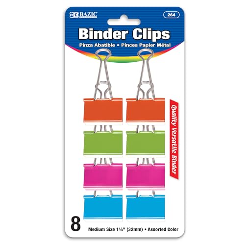 BAZIC Medium 1 1/4" (32mm) Assorted Color Binder Clip (8/Pack)