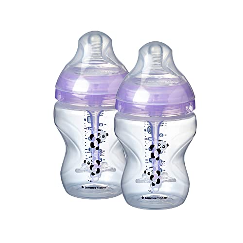Image of Tommee Tippee Anti-Colic Baby Bottles, Slow Flow Breast-Like Nipple and Unique Anti-Colic Venting System, Purple Pandas (9oz, 2 Count)