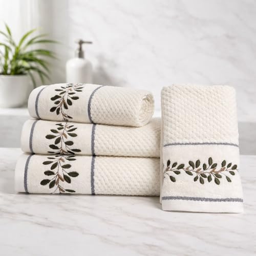Image of SENSES By Riba Cotton Embroidered Towel Set, 550 GSM Soft & Absorbent, Antimicrobial, Oeko-Tex Certified | Ideal for Home & Gifting, Pack of 4 (2 Bath 27 inchX50 inch + 2 Hand Towels 16 inchX26 inch) - Style 19