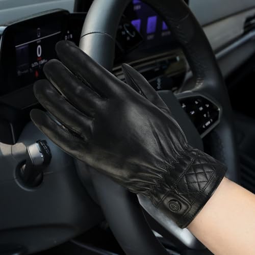 Long Keeper PU Lederhandschuhe Herren Winter Veganes Leder Touchscreen Thermo Warme Handschuhe Schwarz zum Fahren Motorrad Laufen Radfahren
