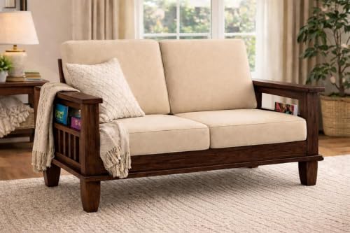 Image of VEXAWOOOD Wood Sofa Set 2 Seater for Home Living Room and Office | Without Pillow | Wooden Two Seater (Walnut)
