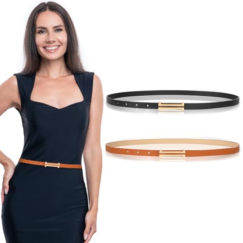 2Pcs Women's PU Leather Skinny Belt, Thin Waist Belt Soft Slim Waistband Alloy Gold Buckle Belt for Dress Pants Jeans