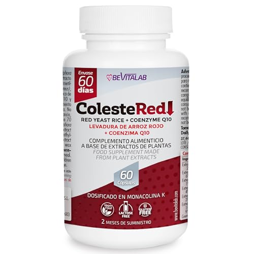 ColesteRED | Levadura de Arroz ROJO | 2,9 mg de Monacolina K, Enriquecido con Coenzima Q10 | Contribuye a la Función normal del Corazón | BEVITALAB | 60 Cápsulas | Fabricado en España