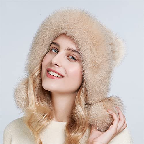 Desconocido Gorros de Piel de Invierno para Mujer, Gorros con pompón de Piel, Gorros de Piel de Punto con Forro cálido