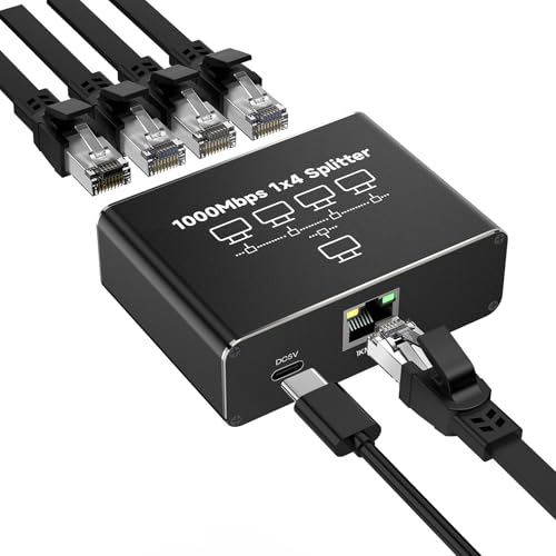 GlasFlength Divisor LAN de 1 a 4 1000 Mbps Ethernet, conmutador LAN de 4 Puertos con Cable de alimentación Tipo C Gigabit Ethernet Switch Cable de alimentación para Ordenador hubs Switches Router