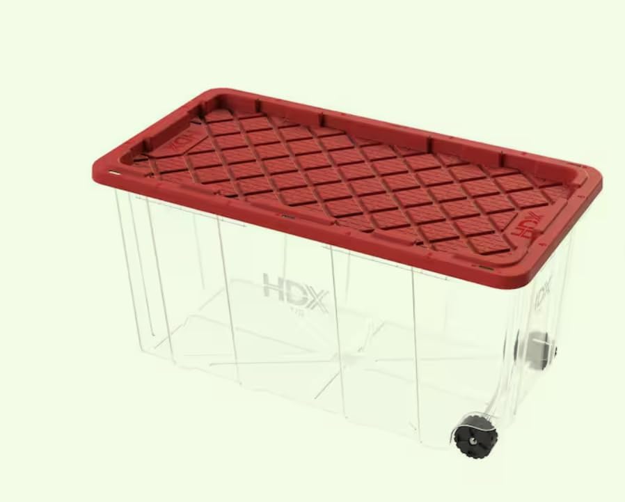 77 Gal. Tough Storage Tote with Wheels in Clear Yellow or Red Lid (Clear with Red lid with wheels)