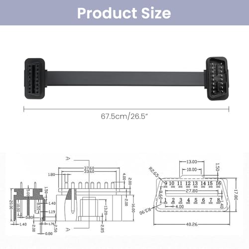 Image of STHIRA 23.6'' OBD2 Extension Cable 16-Pin Male to Female OBDII Connector Cable for Automotive Diagnostic Scan Tools, Code Readers, and Monitoring Devices