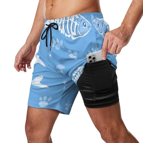 Fish Bones and Paw Prints Beach Shorts for Men Swim Trunks Quick Dry Swim Shorts with Compression Liner Pocket2