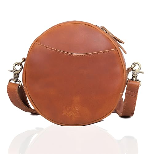 Leather Crossbody Bags for Women Trendy Circle Cross Body Shoulder Bag Designer Round Purses (Tan)