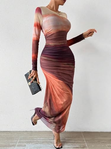 Image of MARZXIN Women Long Sleeve Maxi Dress Bodycon Ruched Formal Slim Fit Tie Dye Dress Formal Mesh Dress
