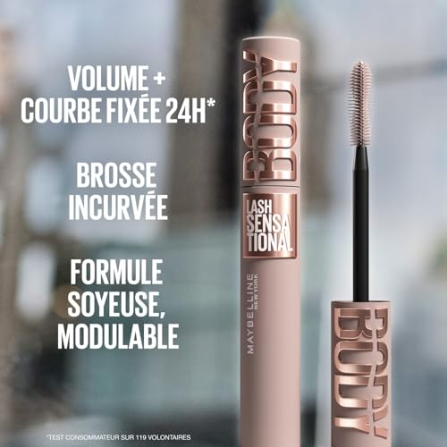 Maybelline New York - Mascara Volume Sensationnel - Body - Brosse incurvée à double hélice - Sans transfert, ne bave pas - Teinte : Very Black - 9,75 ml – Image 4