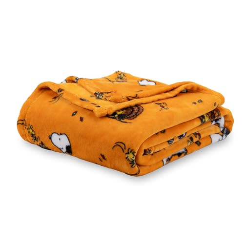 Image of Berkshire Blanket Peanuts VelvetLoft Cute Character Snoopy Plush Blanket,Snoopy and Woodstock Fall Birds & Leafs Orange,King 90 in x 108 in (Official Peanuts Product)