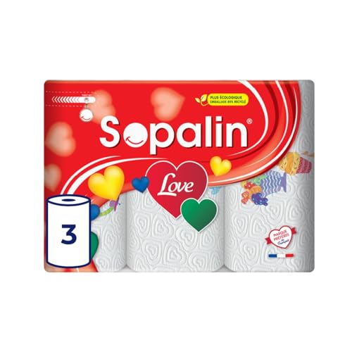 SOPALIN Love – 3 Rouleaux de Essuie-tout cuisine, Décoré, Texture en forme de cœur, Double épaisseur, Blanc