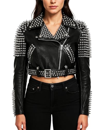 Womens Rock Punk Studded Black Leather Jacket Spikes Brando Biker