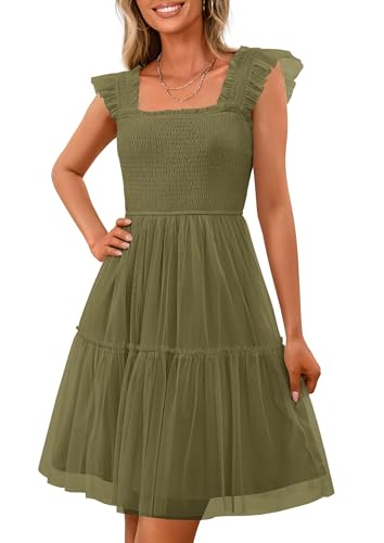 Image of PRETTYGARDEN Womens 2025 Trendy Mini Summer Dresses Sleeveless Tulle Ruffle Square Neck Tiered Smocked Beach Vacation Dress